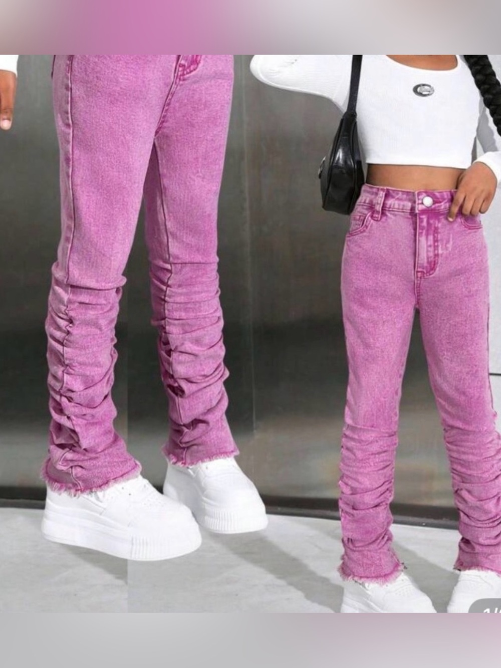 Girls Y2K 12 Youth Jeans Pink Acid Wash Denim Scrunchy Baggy High Rise Grungy